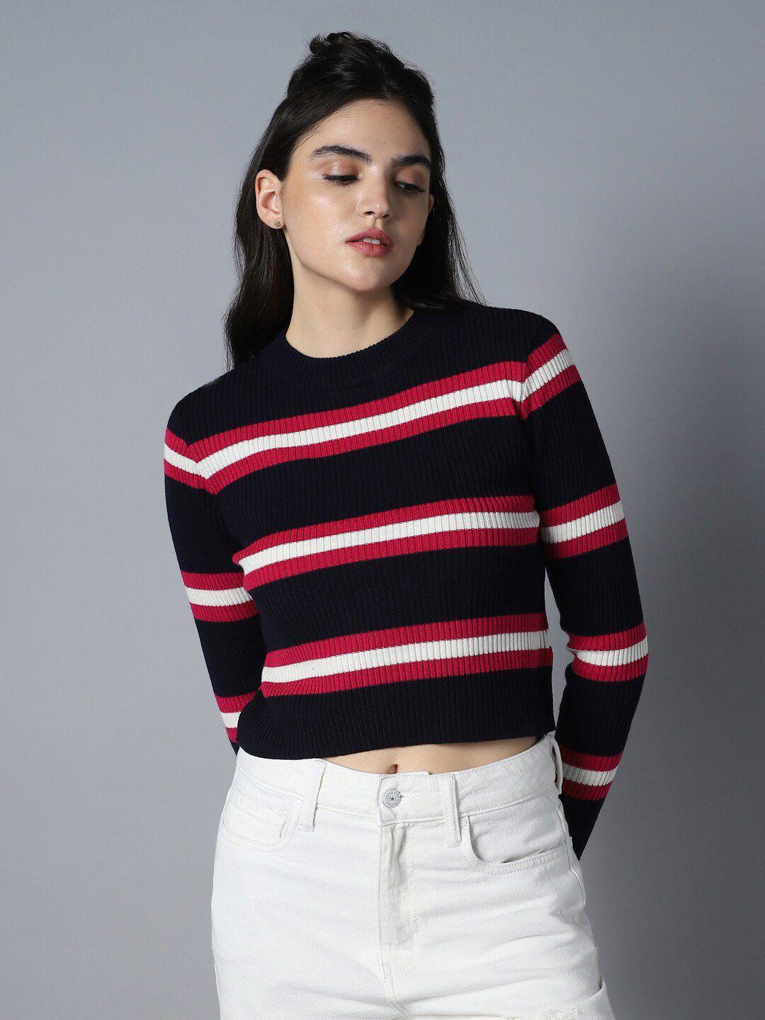 high star striped round neck long sleeve acrylic crop pullover sweaters