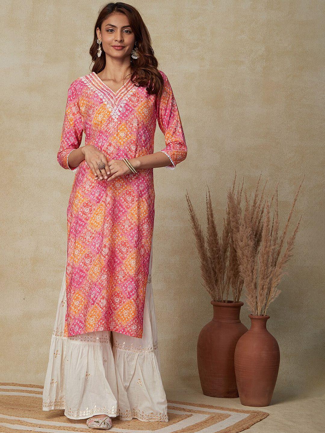 fashor ethnic motif printed embroidered v-neck straight kurta