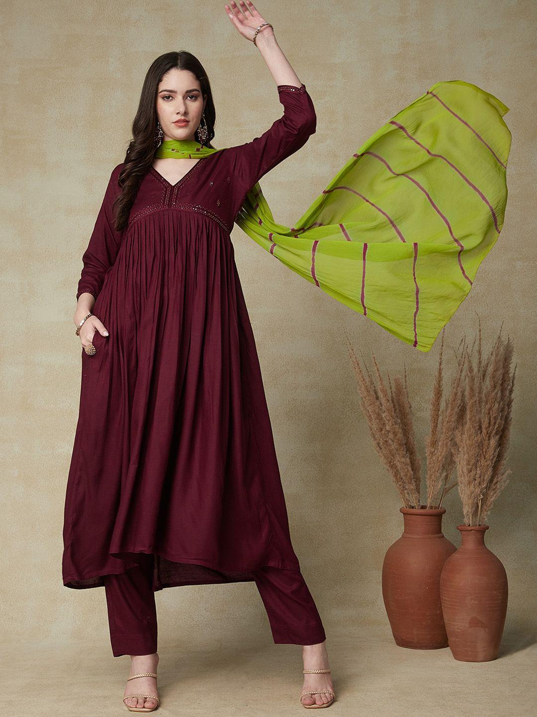 fashor floral embroidered pleated v-neck thread work empire kurta with trousers & dupatta