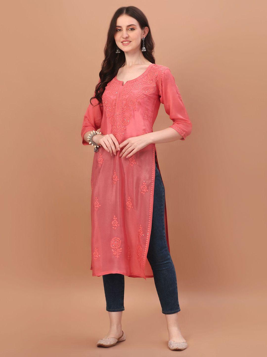 sazrika ethnic motifs embroidered chikankari pure chiffon straight kurta