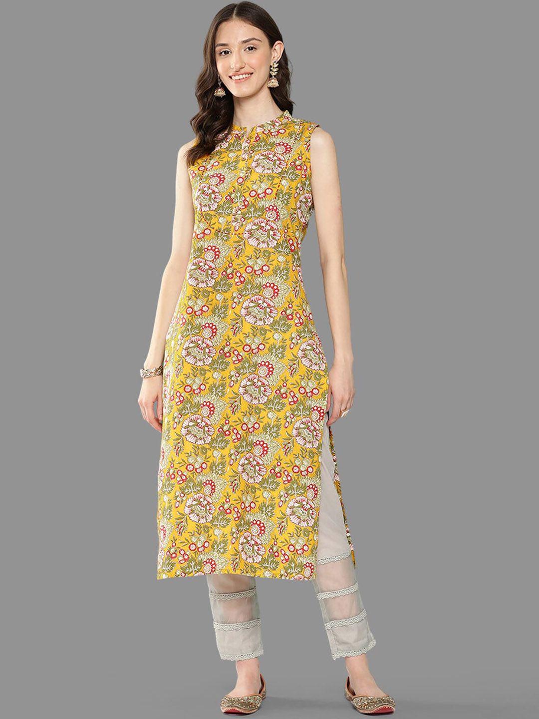 janasya floral printed mandarin collar sleeveless pure cotton straight kurta