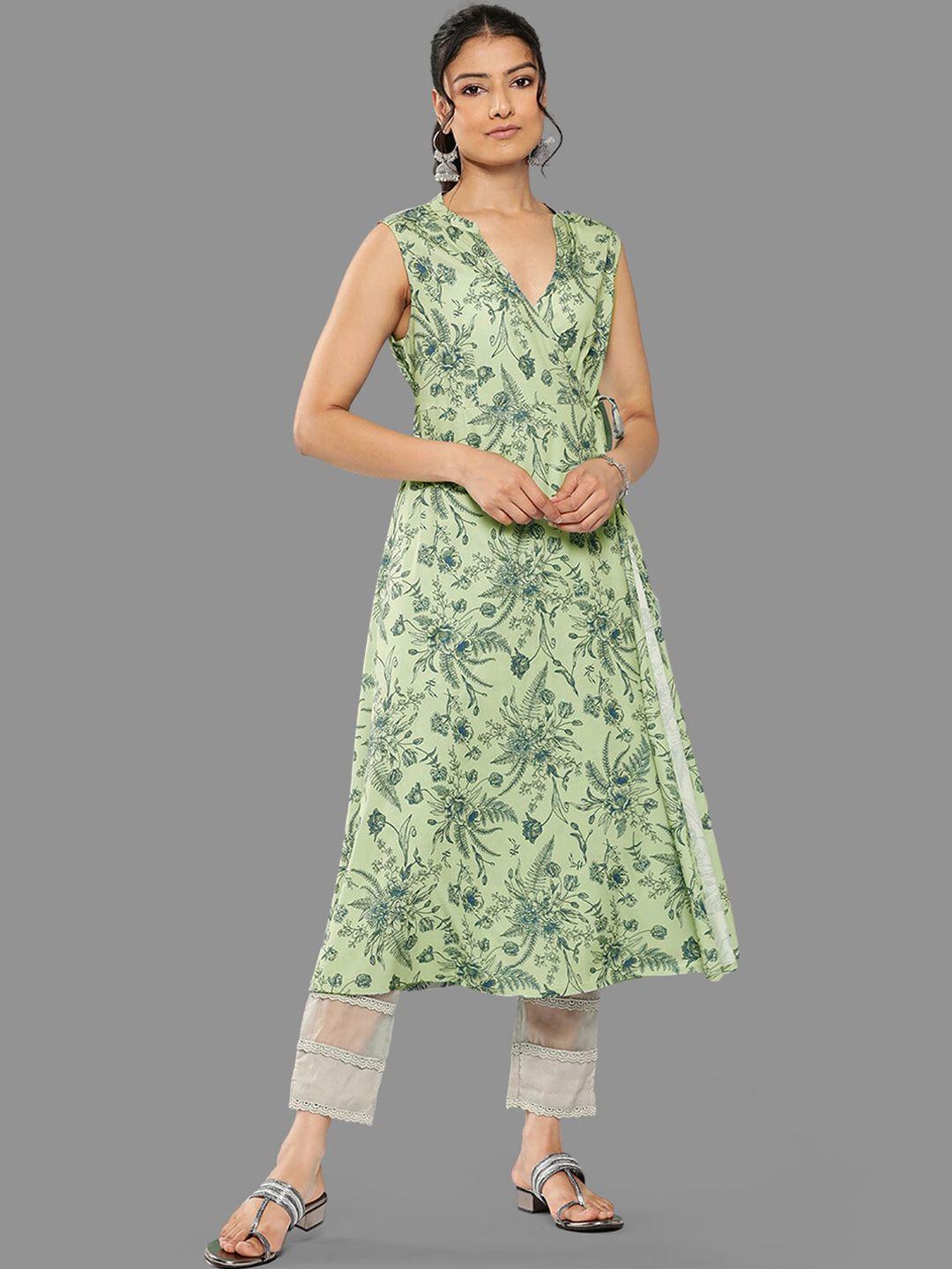 janasya floral printed sleeveless crepe a-line angrakha kurta