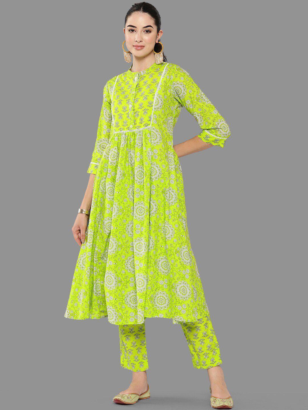 janasya ethnic motifs printed mandarin collar pure cotton anarkali kurta with trousers