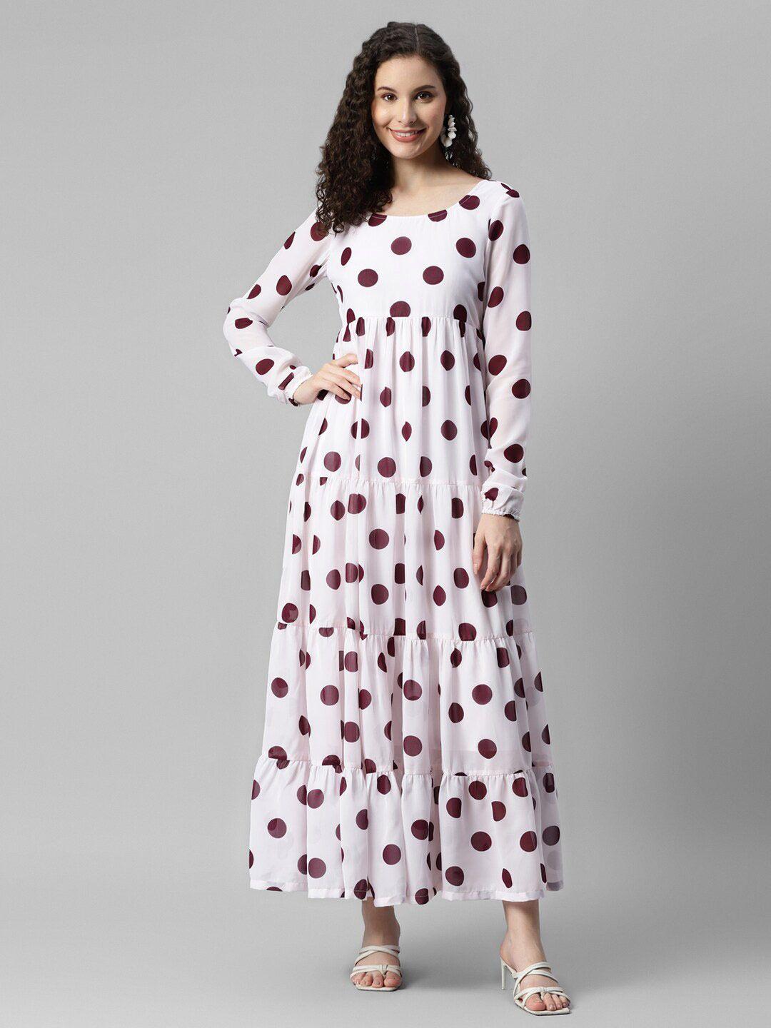 deebaco polka dot printed georgette a-line tiered maxi dress