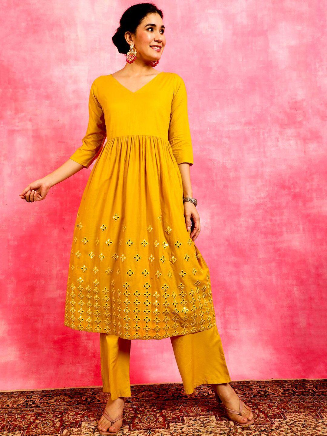 anouk embellished mirror work cotton anarkali kurta