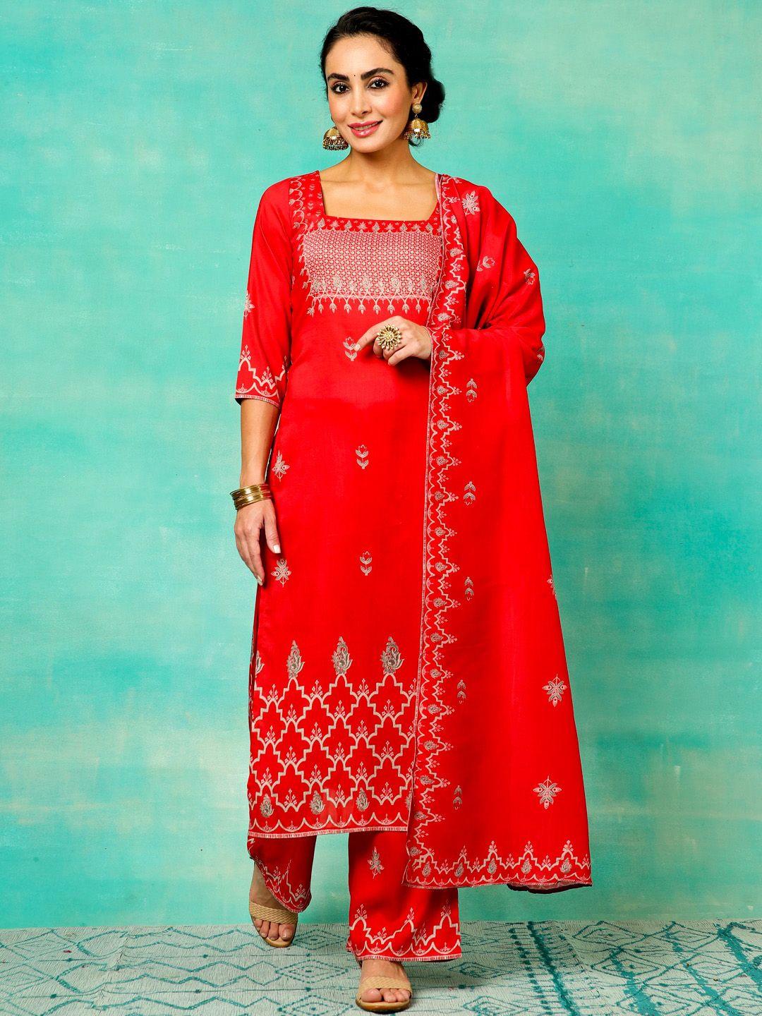 anouk red ethnic motifs printed square neck straight kurta & palazzos with dupatta