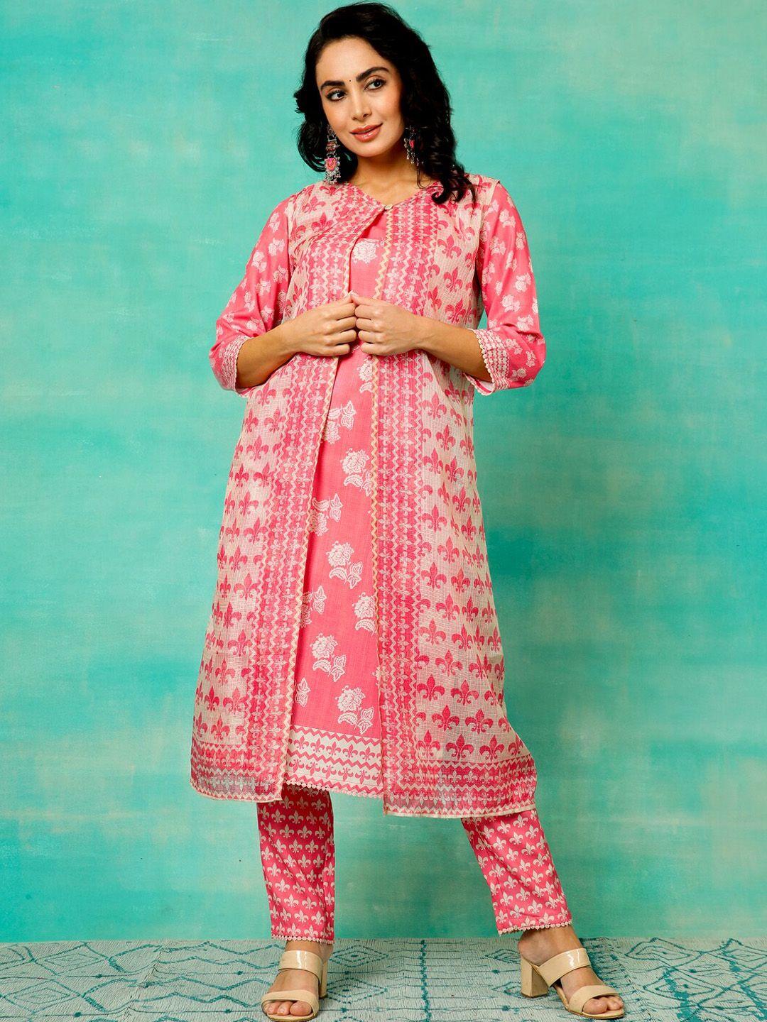 anouk pink floral printed linen a-line kurta with trousers