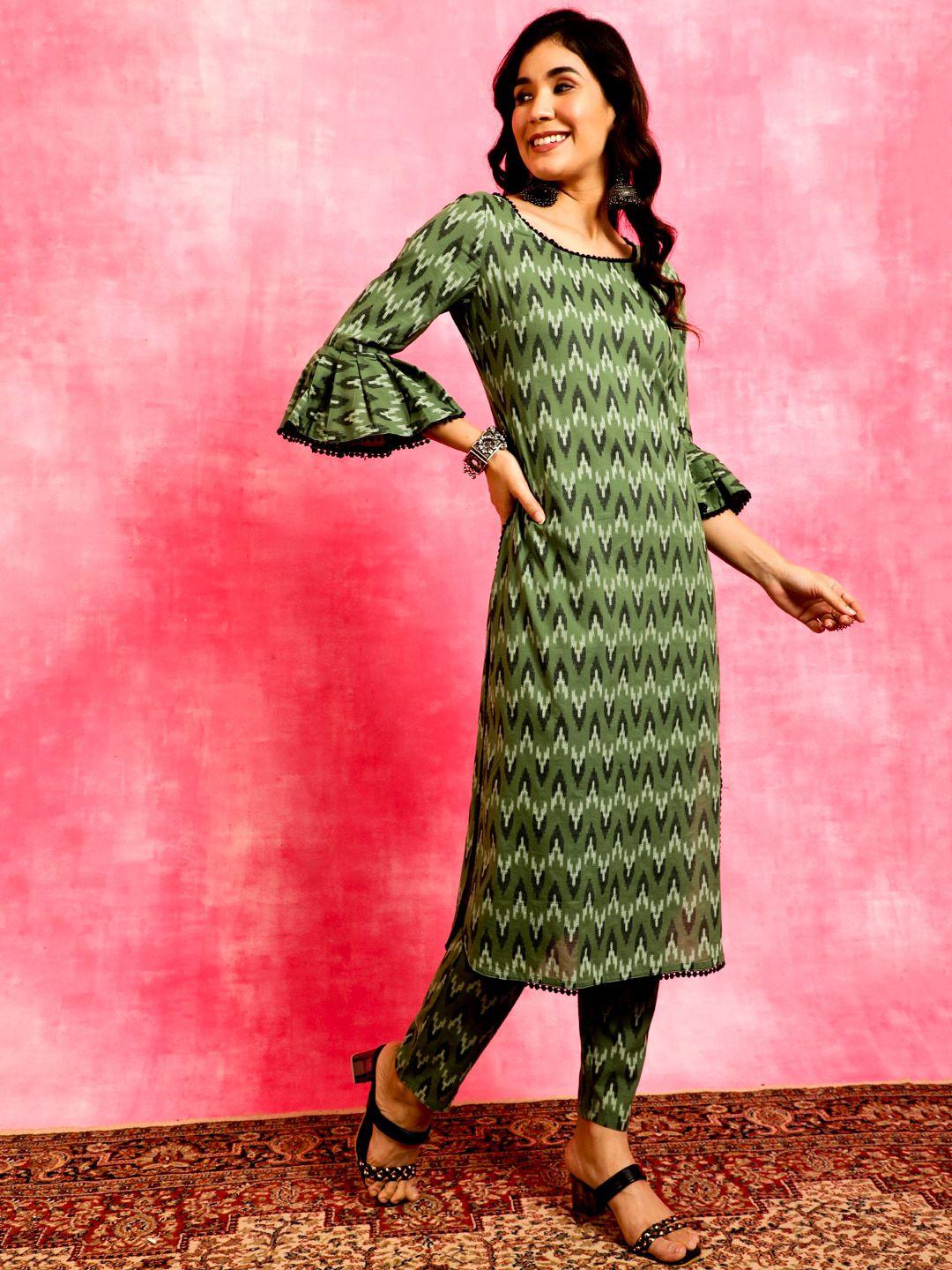 anouk graphic printed bell sleeves pure cotton straight kurta with trousers