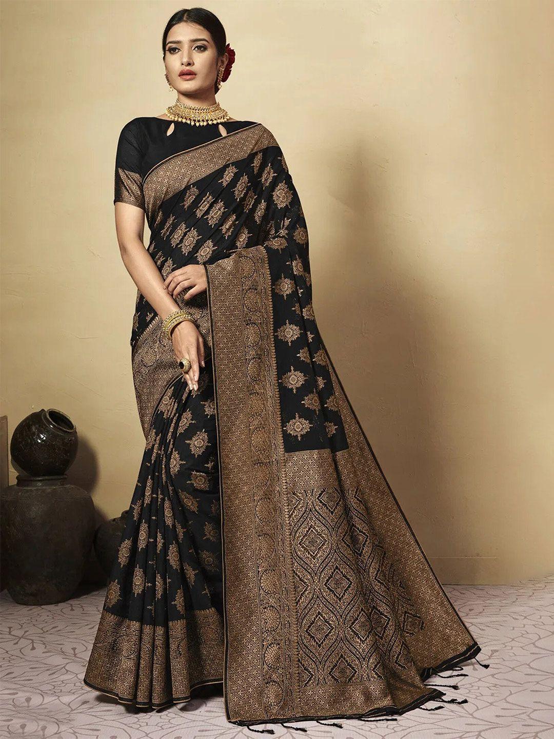 gajarai black & gold-toned woven design zari chanderi saree