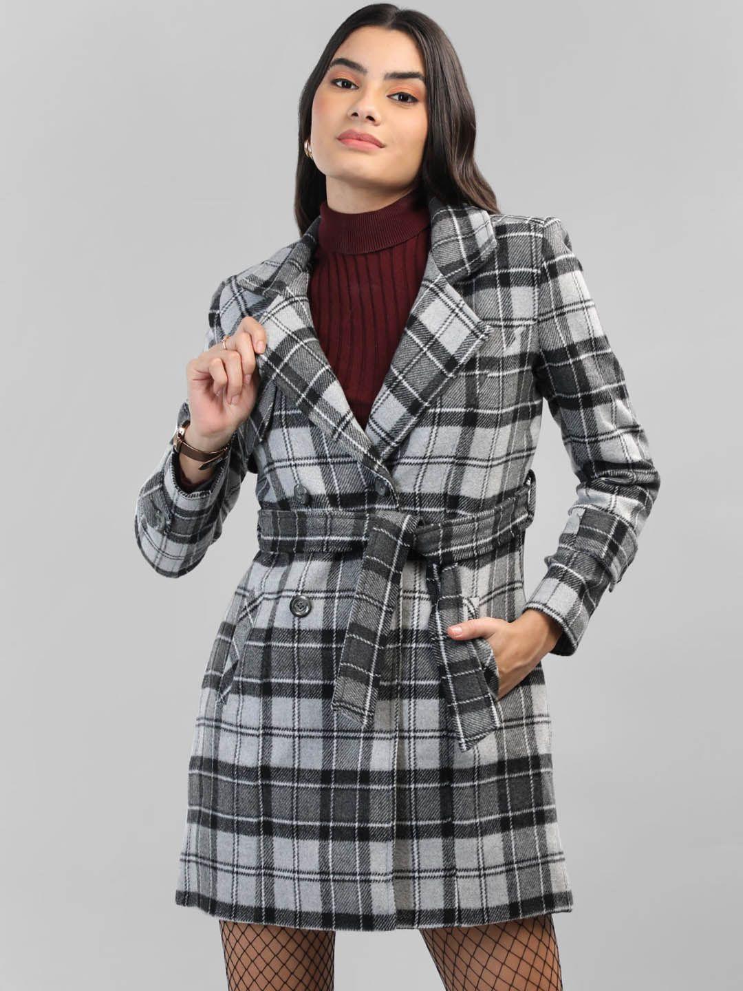 lebork checked notched lapel collar woollen double breasted coat