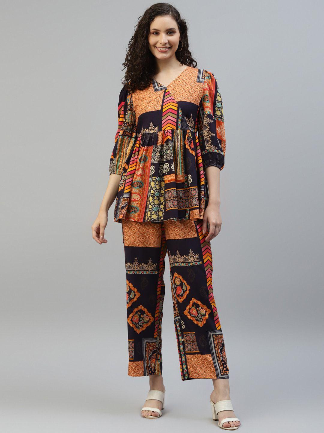 deebaco printed v-neck top with trousers