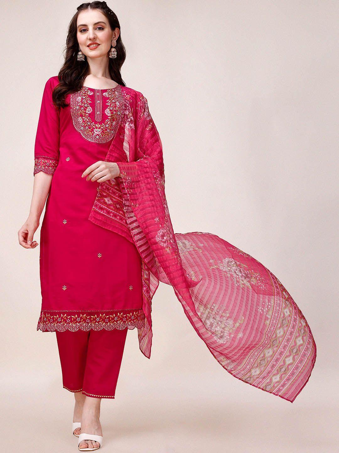 kalini women pink embroidered regular thread work chanderi cotton kurta with palazzos & with dupatta