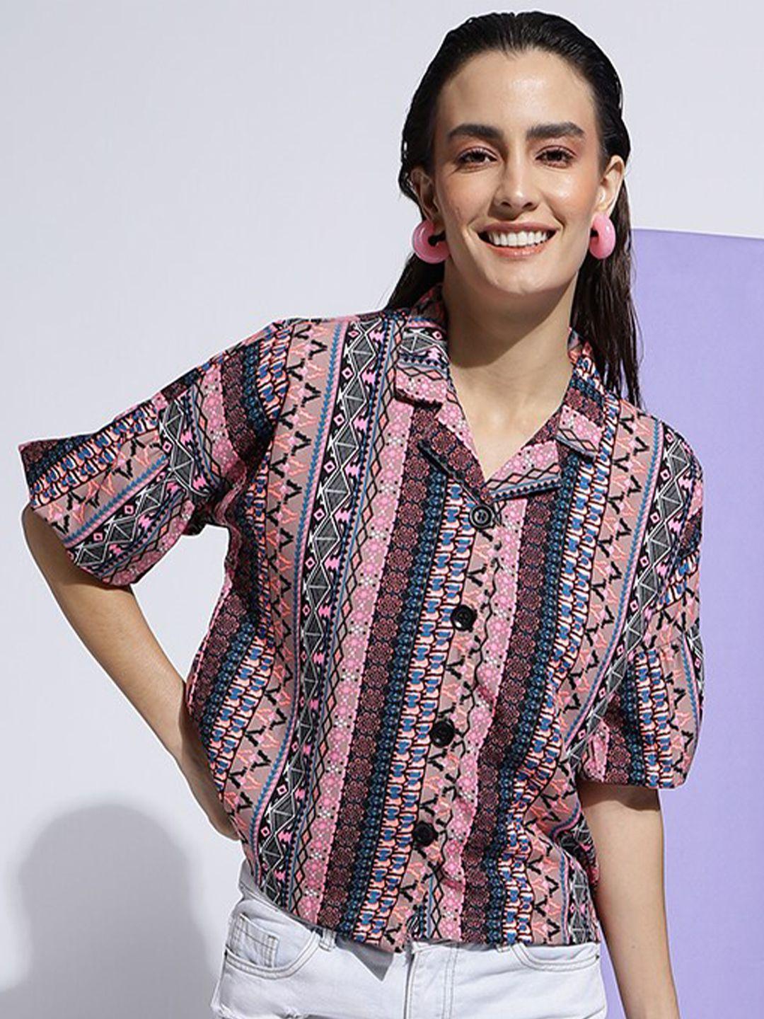 dressberry pink ethnic motifs printed shirt collar puff sleeves shirt style top