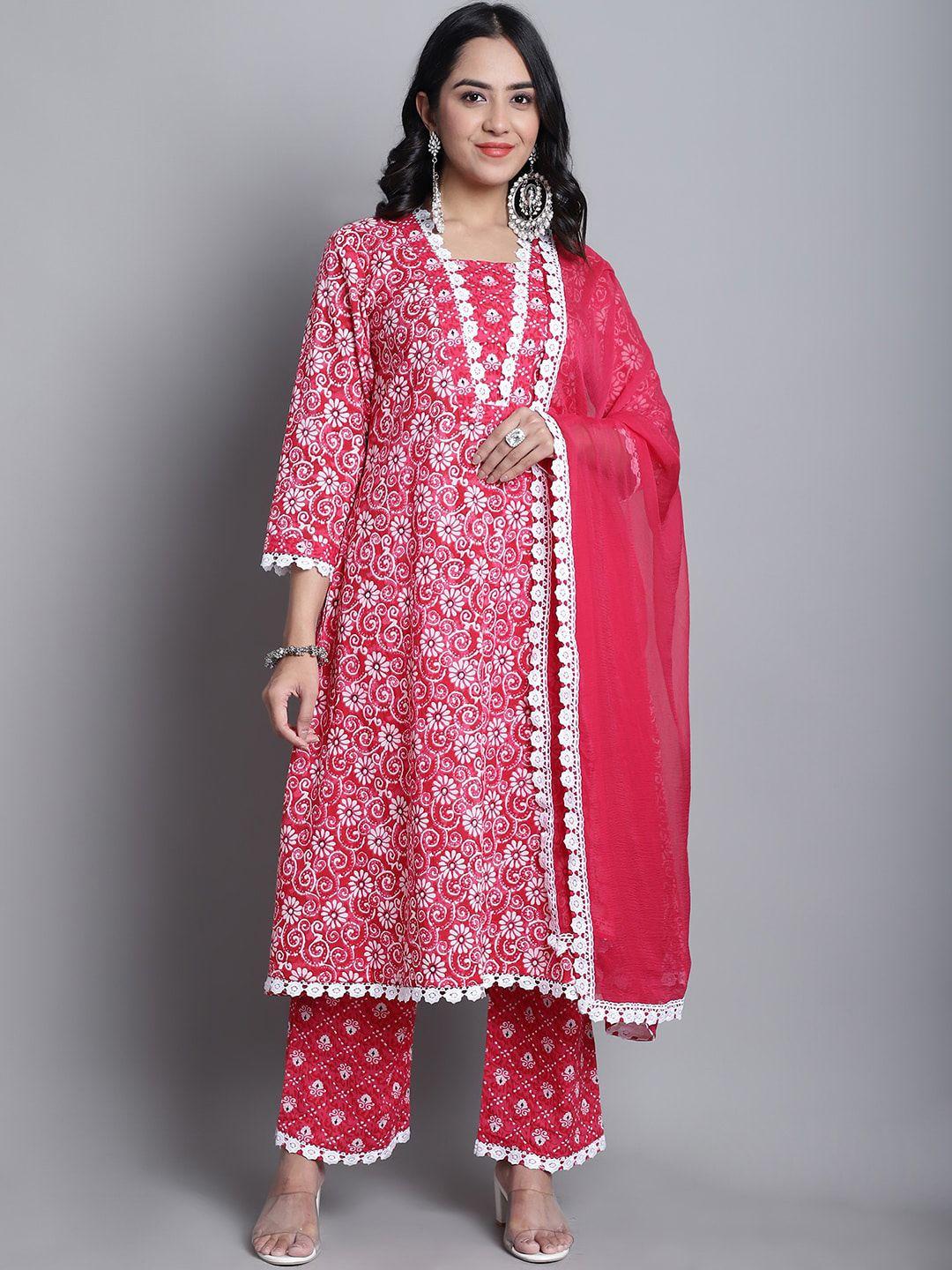 kalini floral printed thread work pure cotton anarkali kurta & palazzos with dupatta