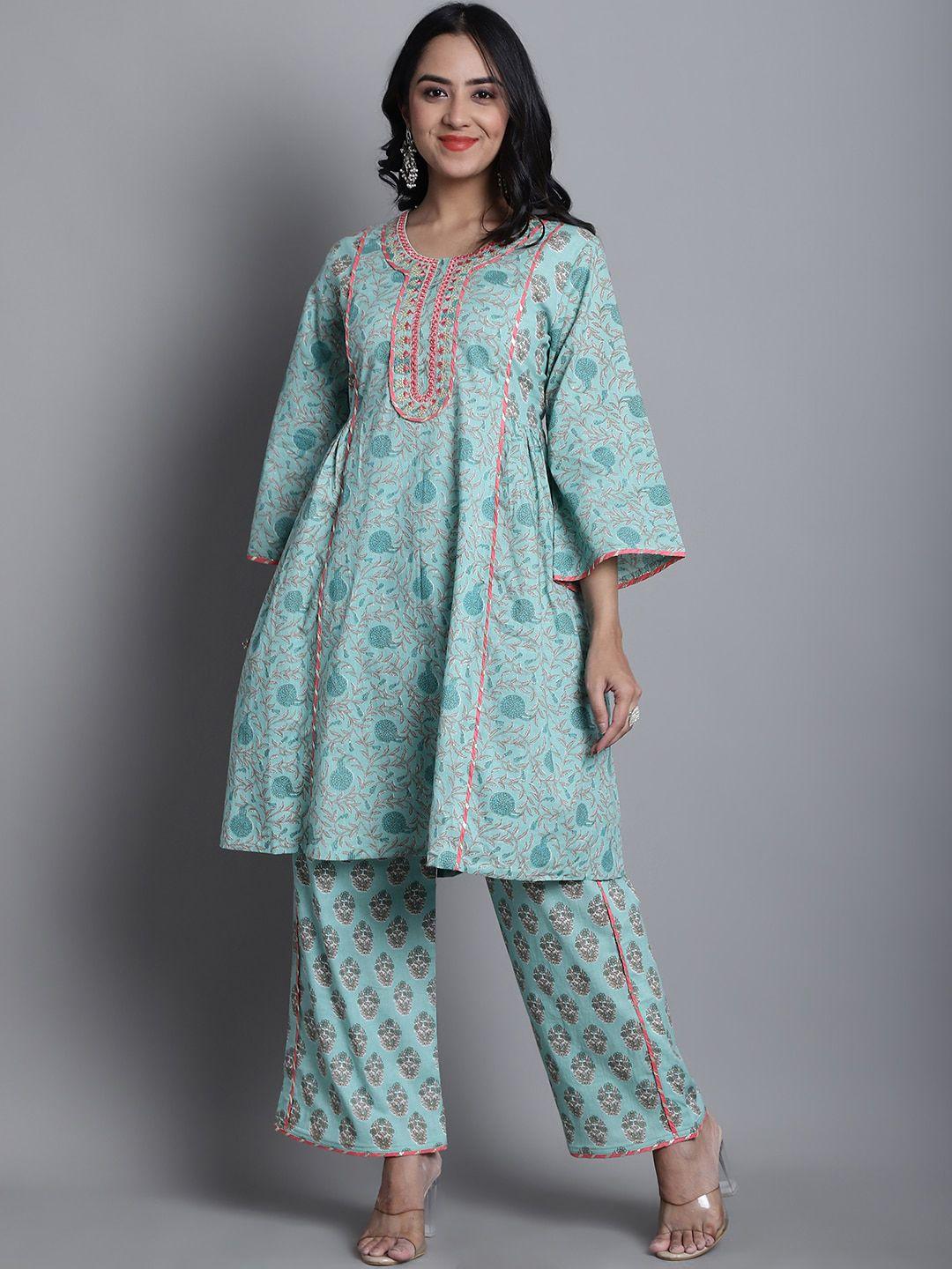 kalini ethnic motifs printed thread work pure cotton a-line kurta & palazzos