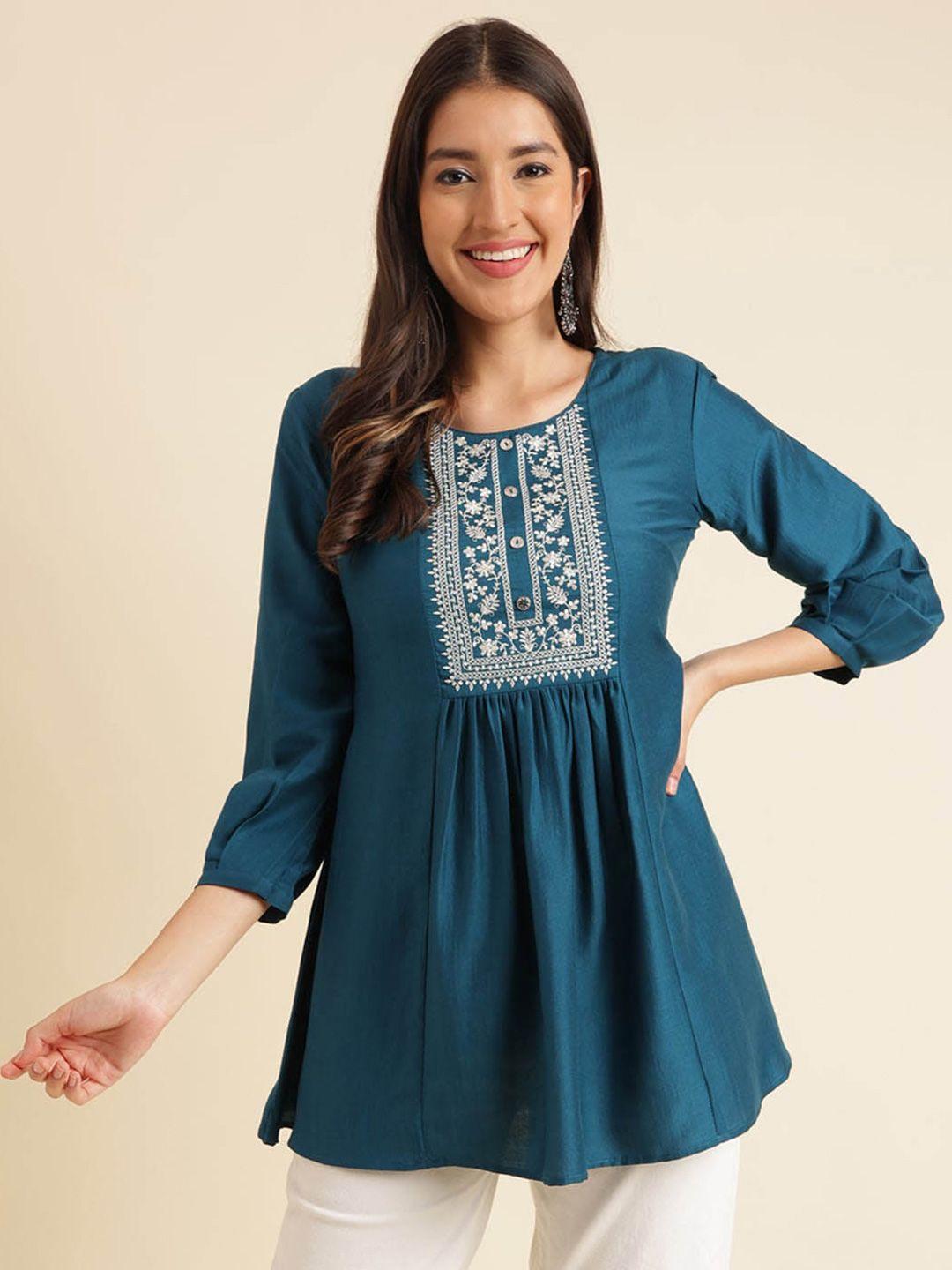 here&now blue ethnic motifs embroidered a-line top