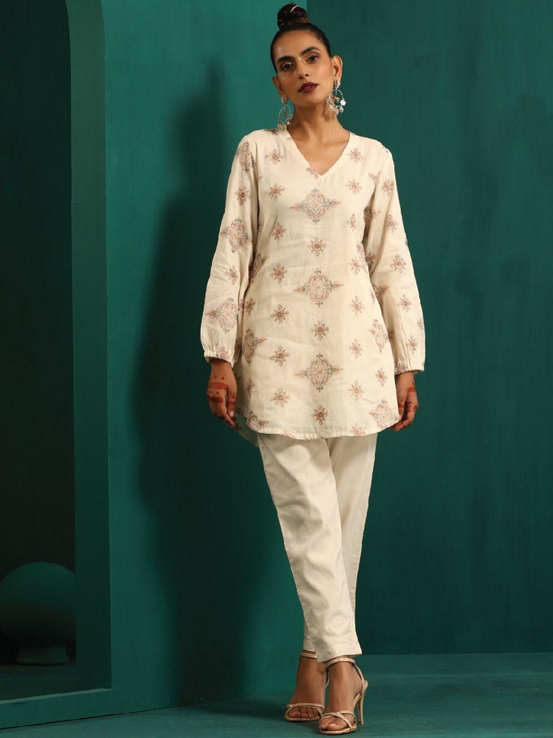 truebrowns ethnic motifs embroidered pure cotton top with trousers co-ords