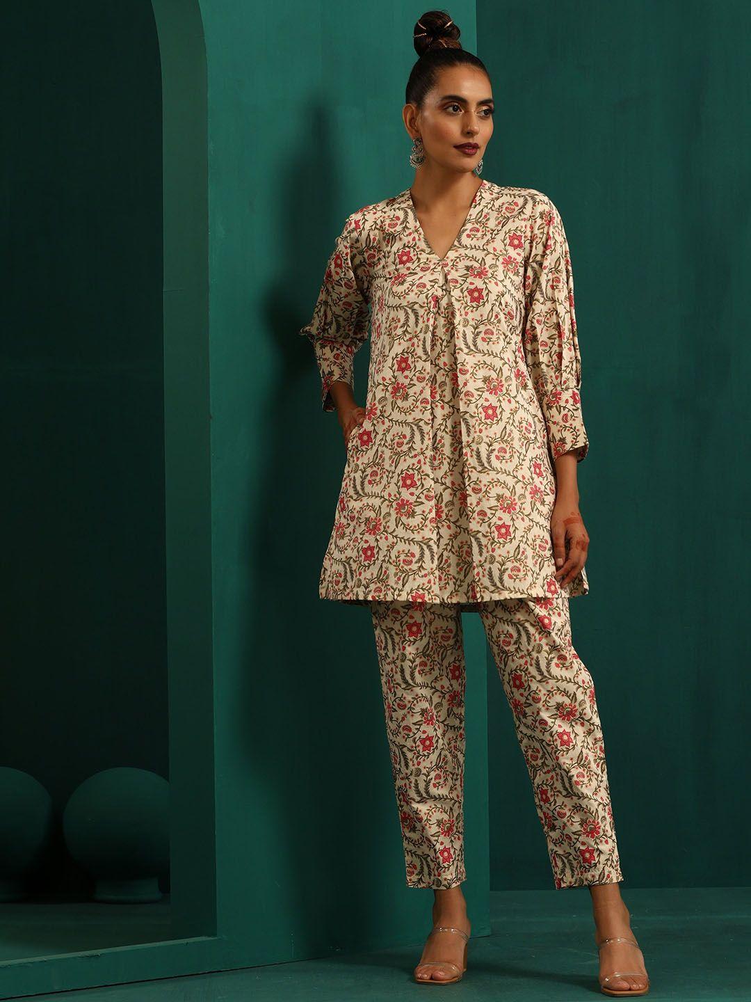 truebrowns floral printed pure cotton a-line kurti with trousers