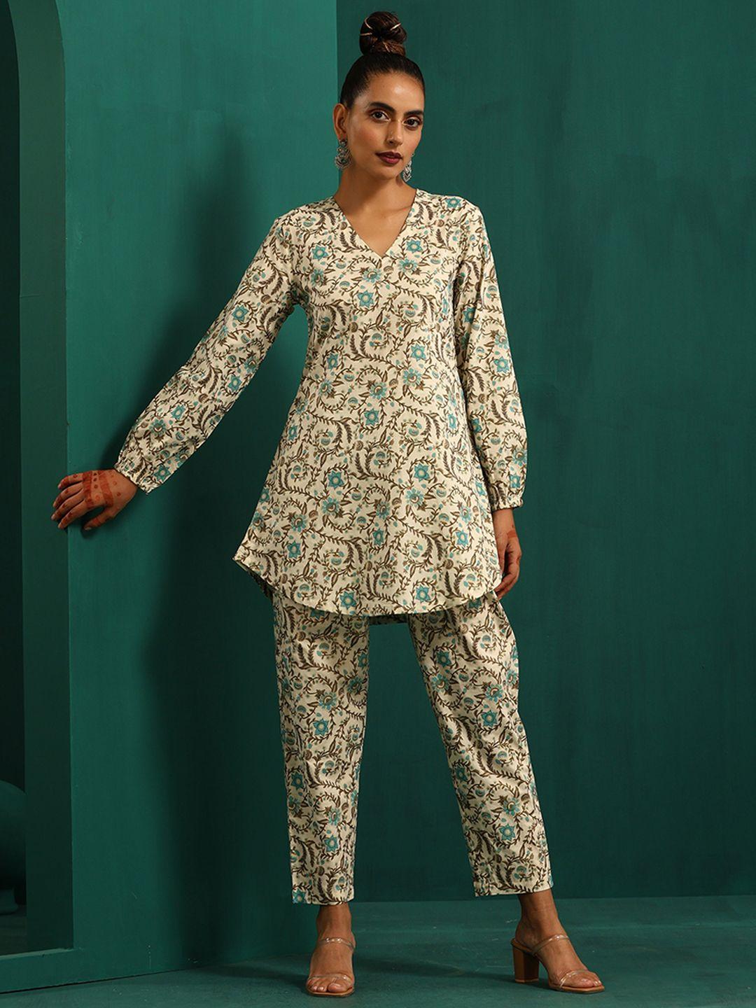 truebrowns floral printed pure cotton a-line kurti with trousers