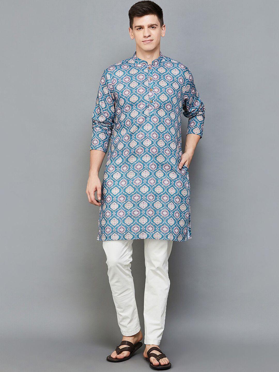 melange by lifestyle men teal geometric yoke design sequinned kurta