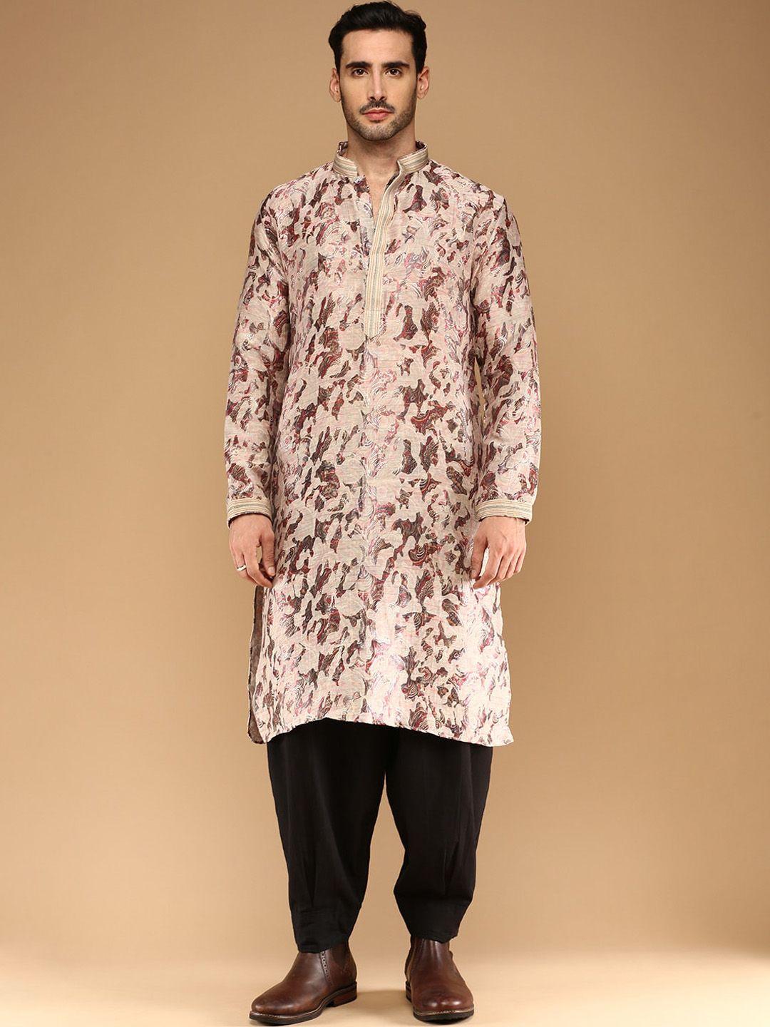 sangria abstract printed thread work mandarin collar silk straight kurta