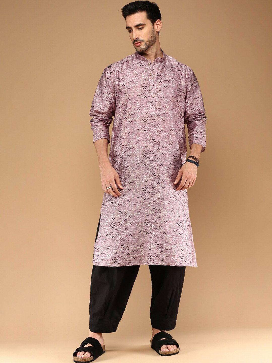 sangria purple geometric printed manadrin collar straight cotton kurta