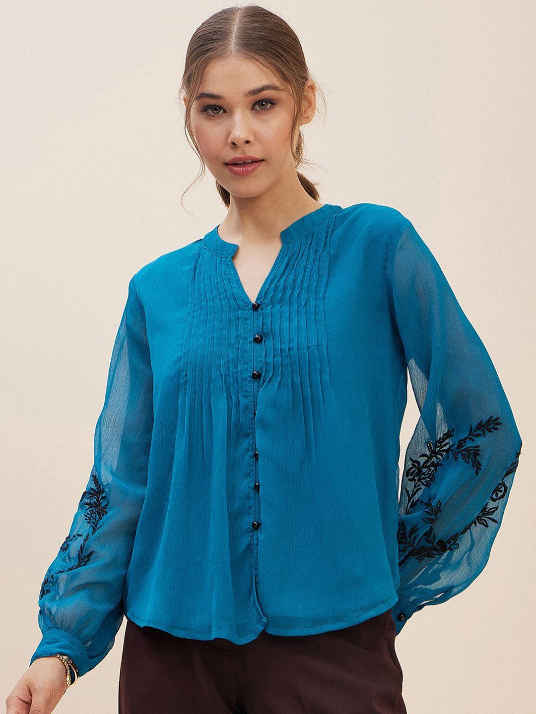 antheaa teal mandarin collar puff sleeves pleated shirt style top