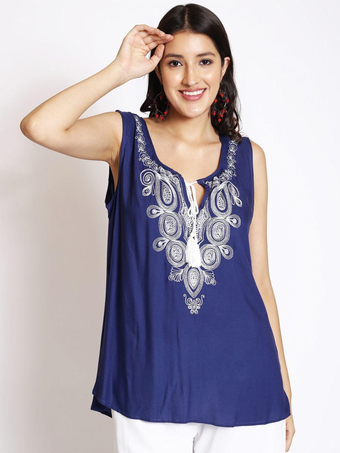 250 designs ethnic motifs embroidered tie-up neck sleeveless regular top