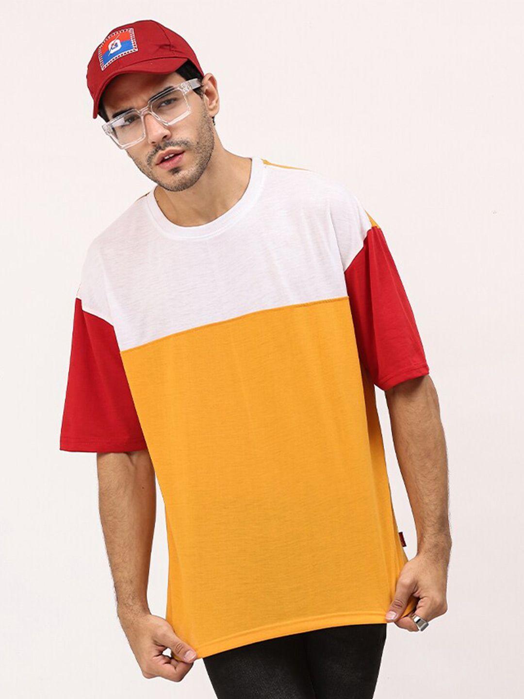 leotude men yellow colourblocked mandarin collar pockets t-shirt