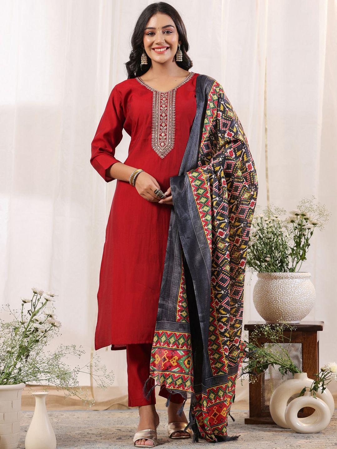 ishin ethnic motifs yoke design regular kurta with trousers & with dupatta