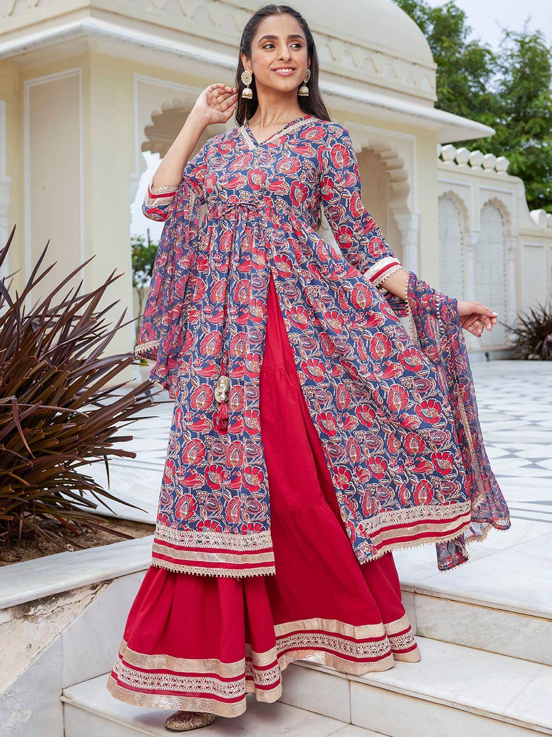 janasya floral printed v-neck gotta patti pure cotton anarkali kurta & skirt with dupatta