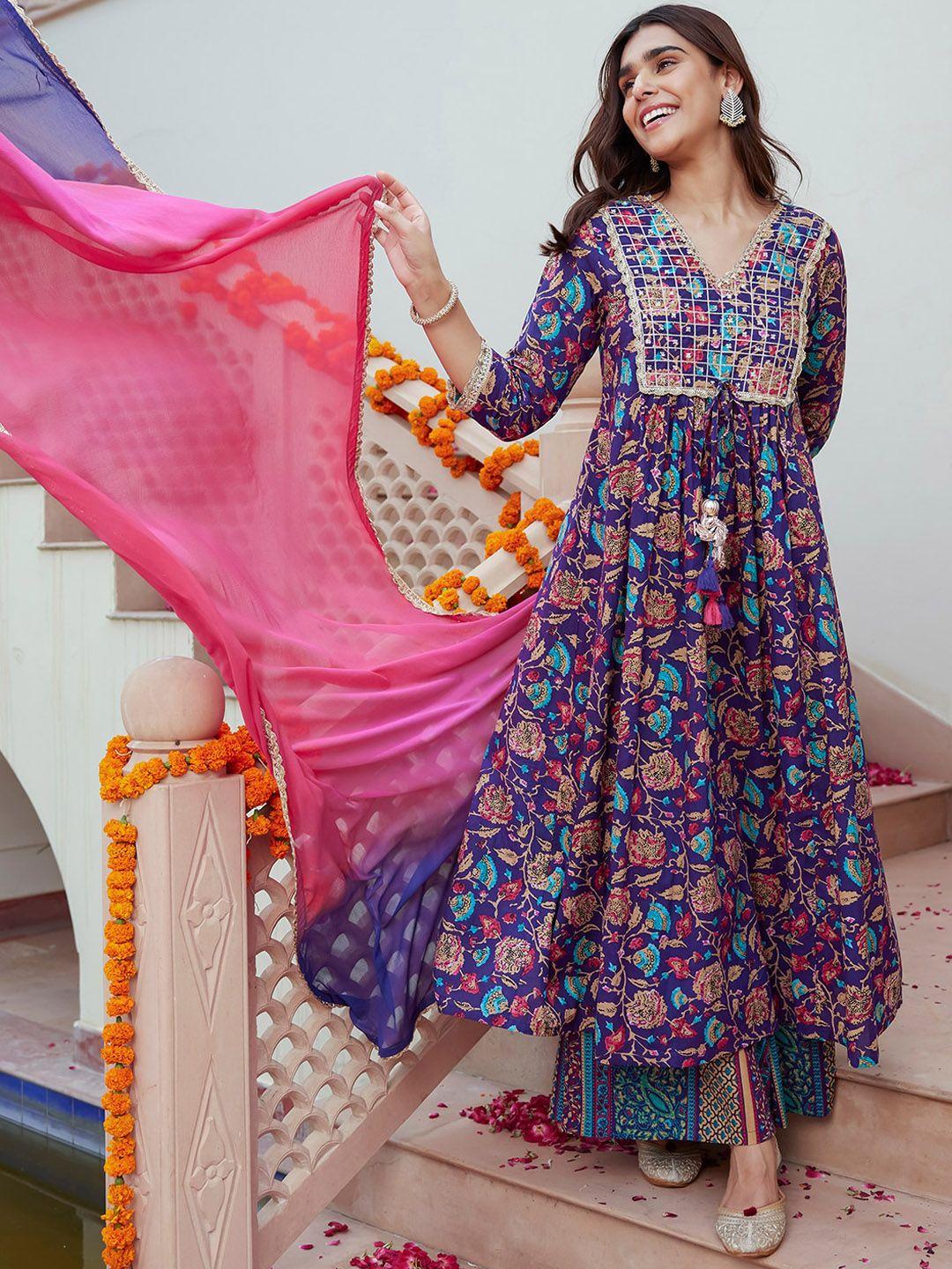 janasya floral printed v-neck sequined pure cotton anarkali kurta & palazzos with dupatta