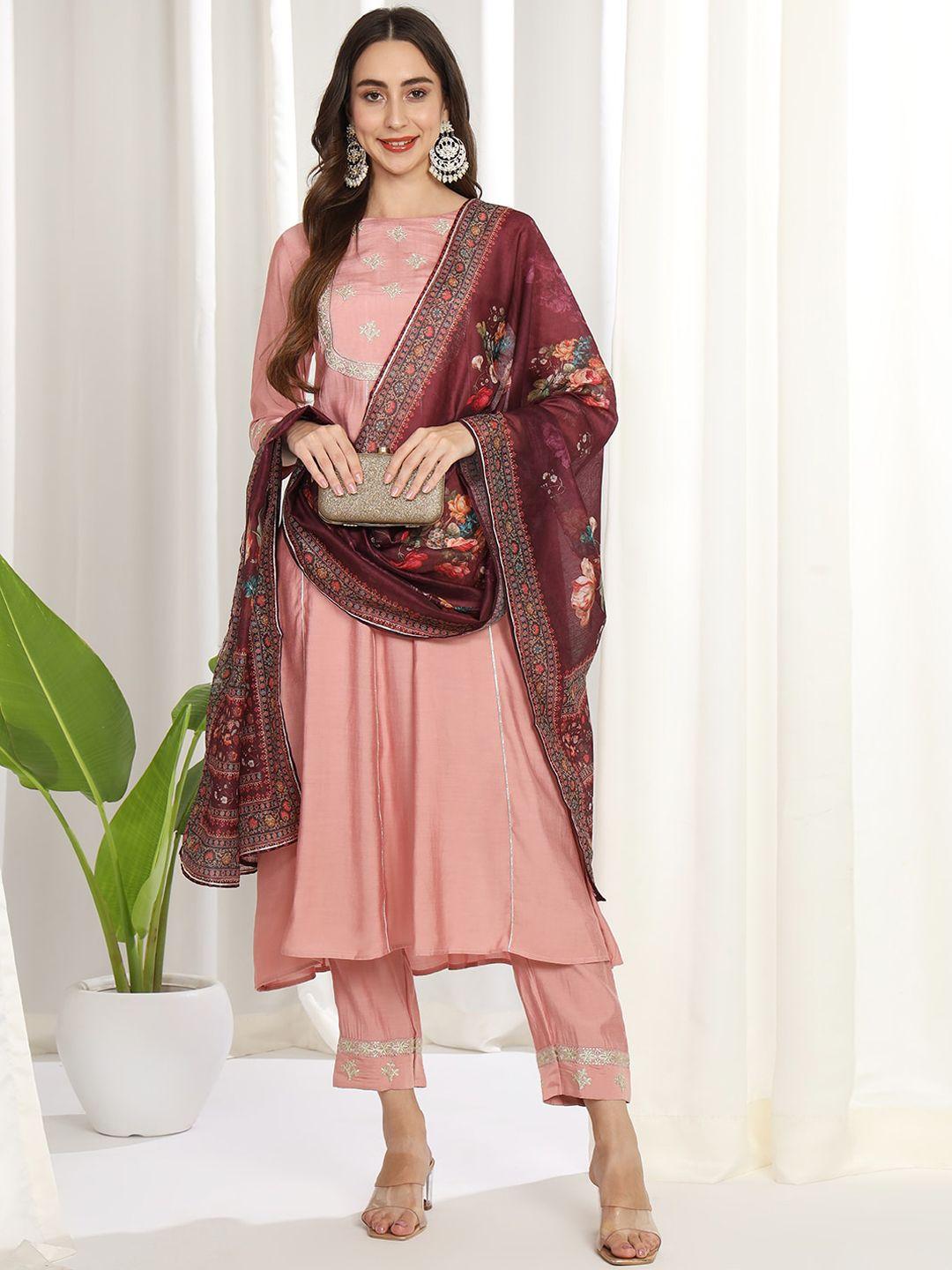 mesmora fashion women pink floral embroidered regular kurta with trousers & with dupatta