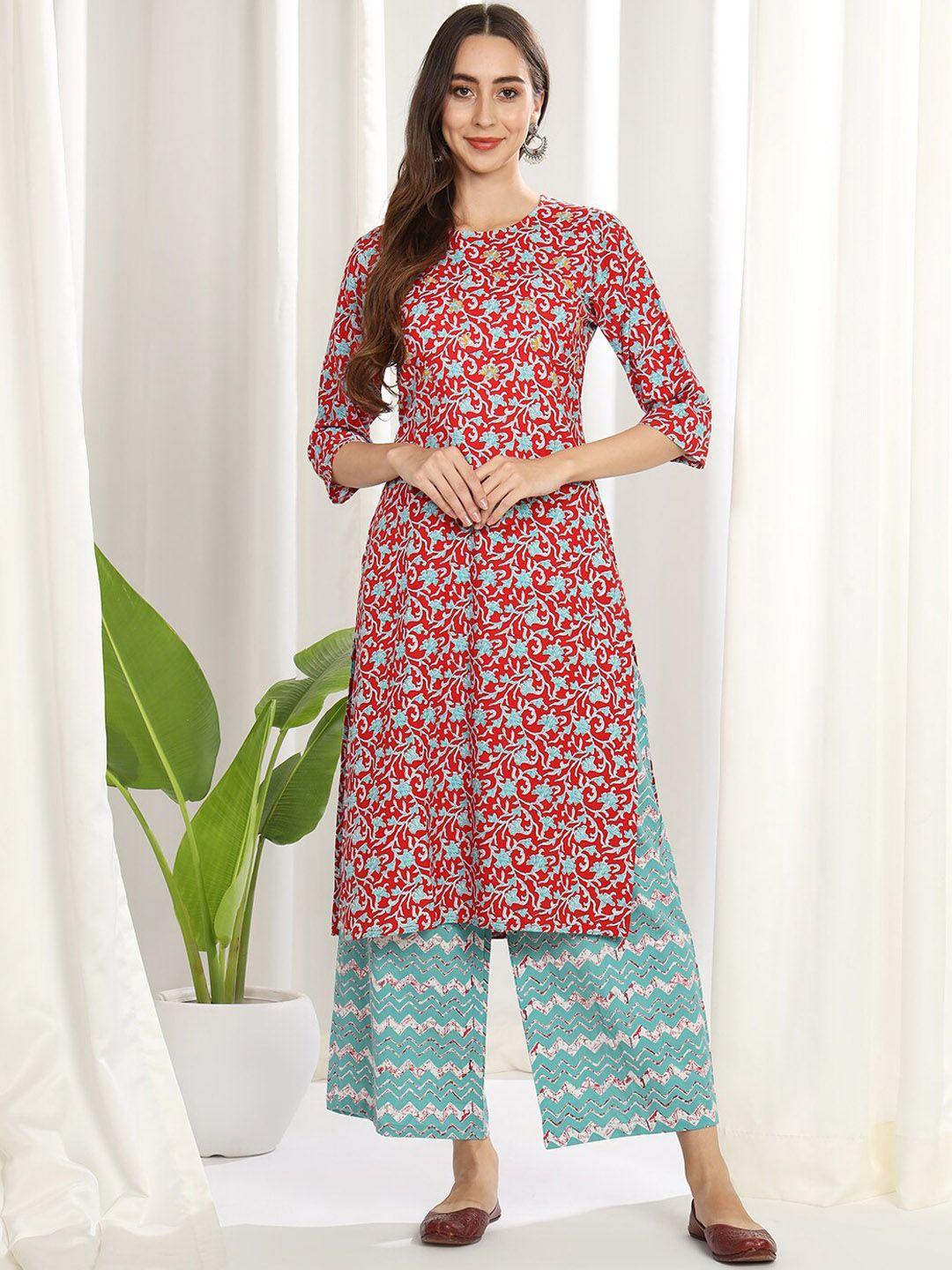 mesmora fashion floral printed round neck pure cotton kurta & palazzos