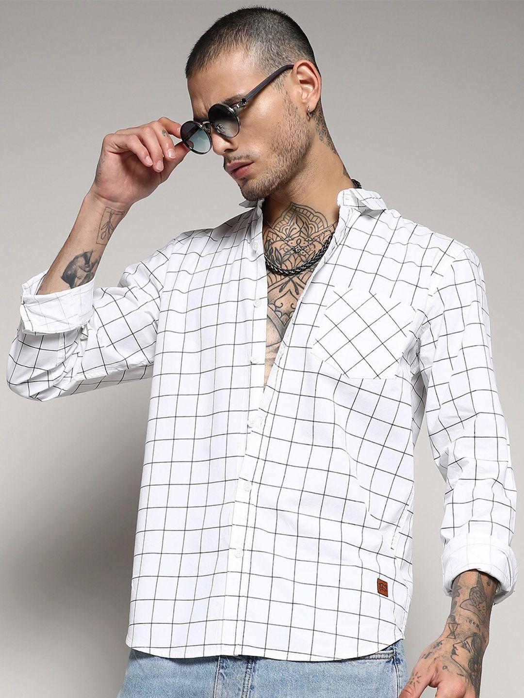 campus sutra white classic windowpane checked cotton casual shirt