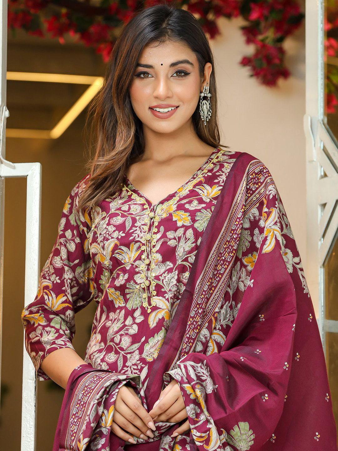 sangria printed & embroidery straight kurta with trouser & dupatta set