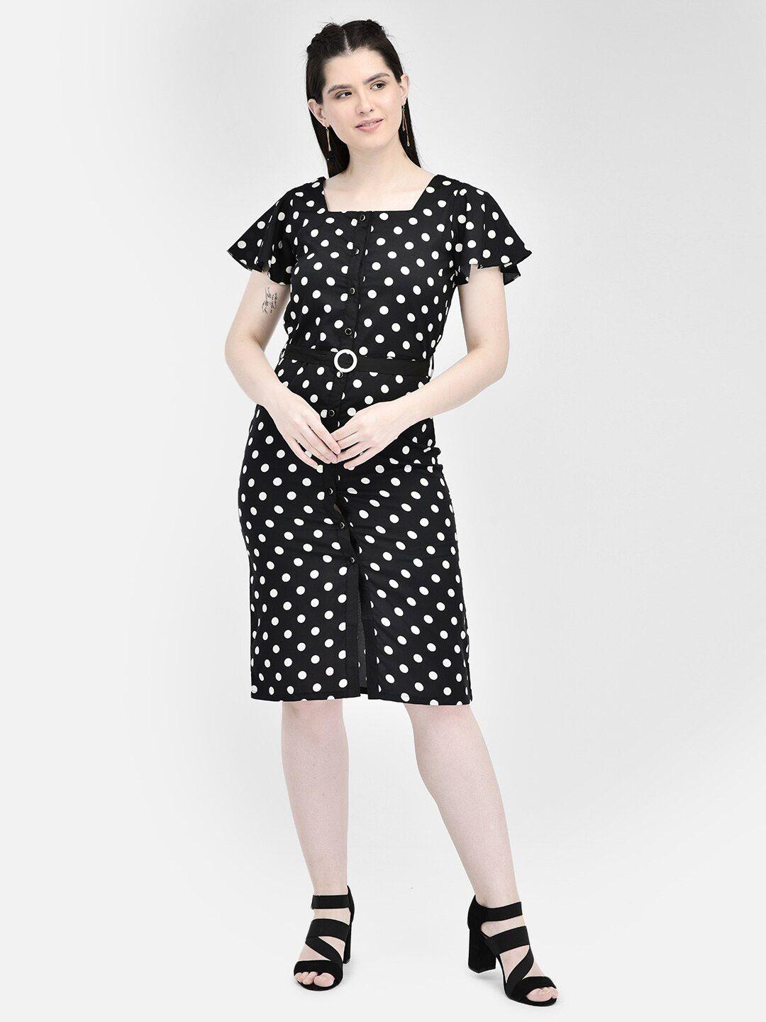 eavan polka dot printed square neck flared sleeve sheath dress