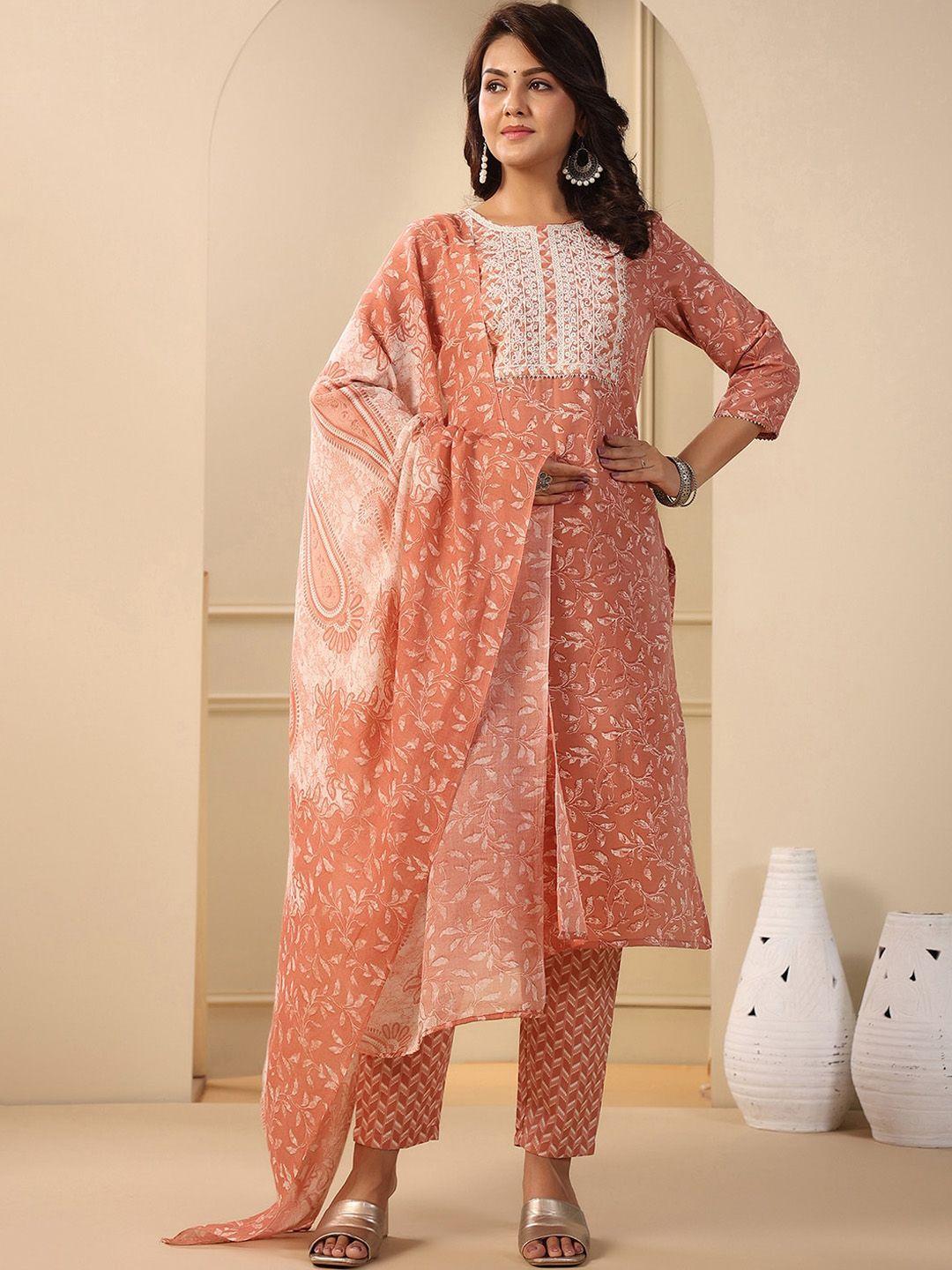 indo era floral printed thread work pure cotton straight kurta & trouser with dupatta