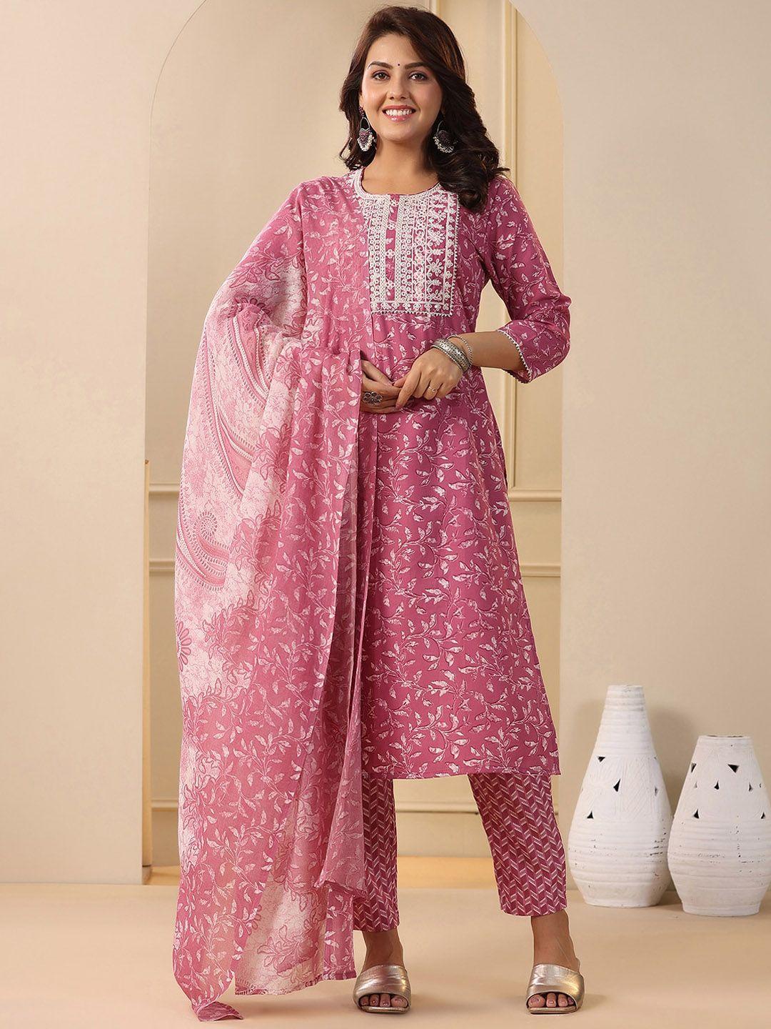 indo era floral printed thread work pure cotton straight kurta & trouser with dupatta