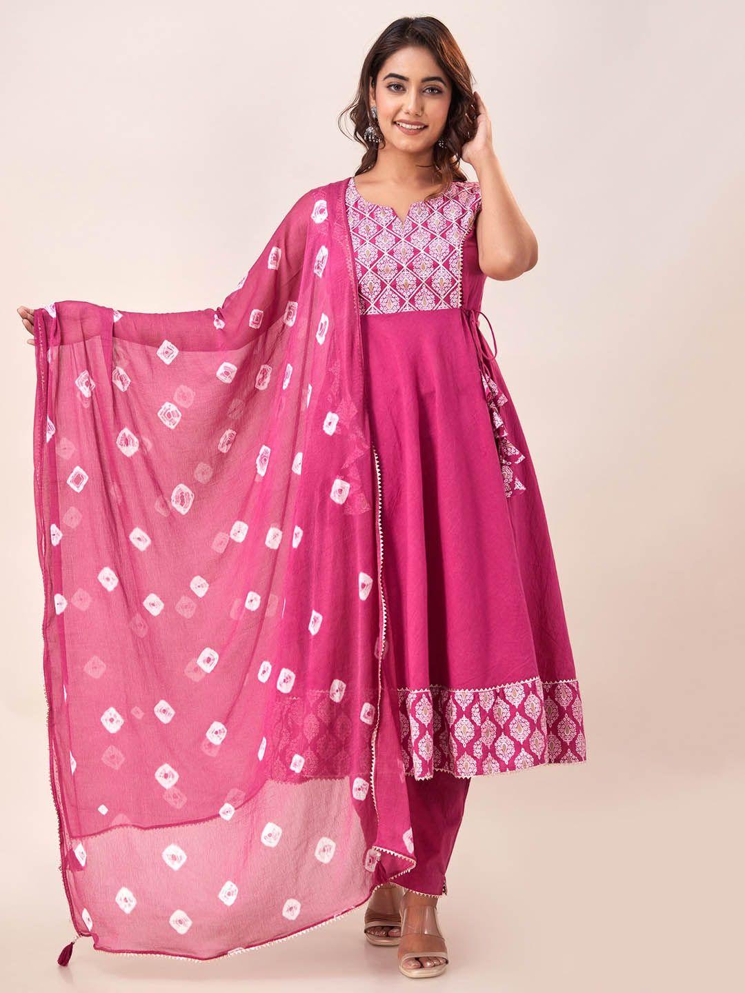 here&now ethnic motifs printed pure cotton anarkali kurta & palazzos with dupatta