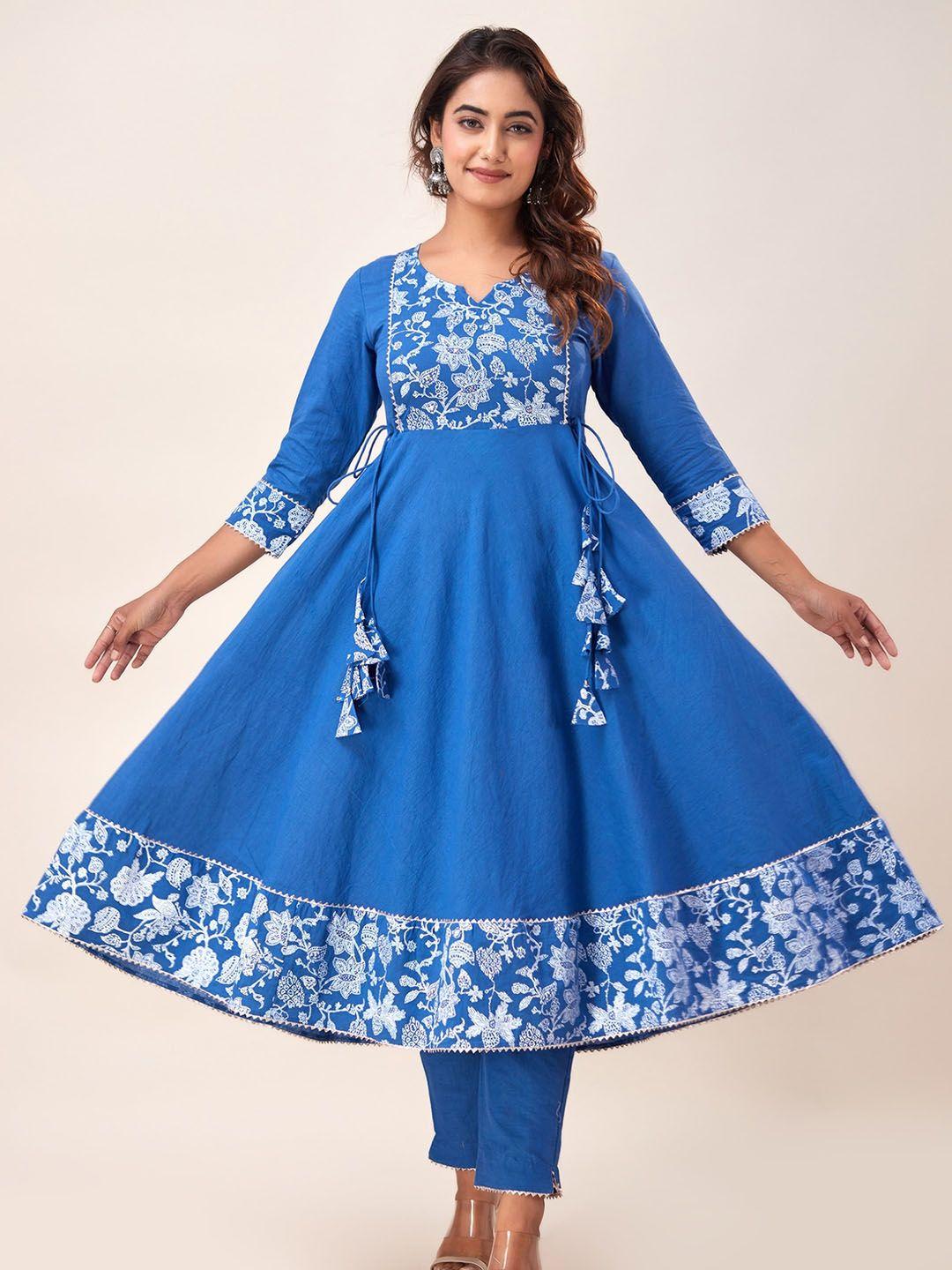 here&now blue yoke design empire gotta patti pure cotton kurta with trousers & dupatta