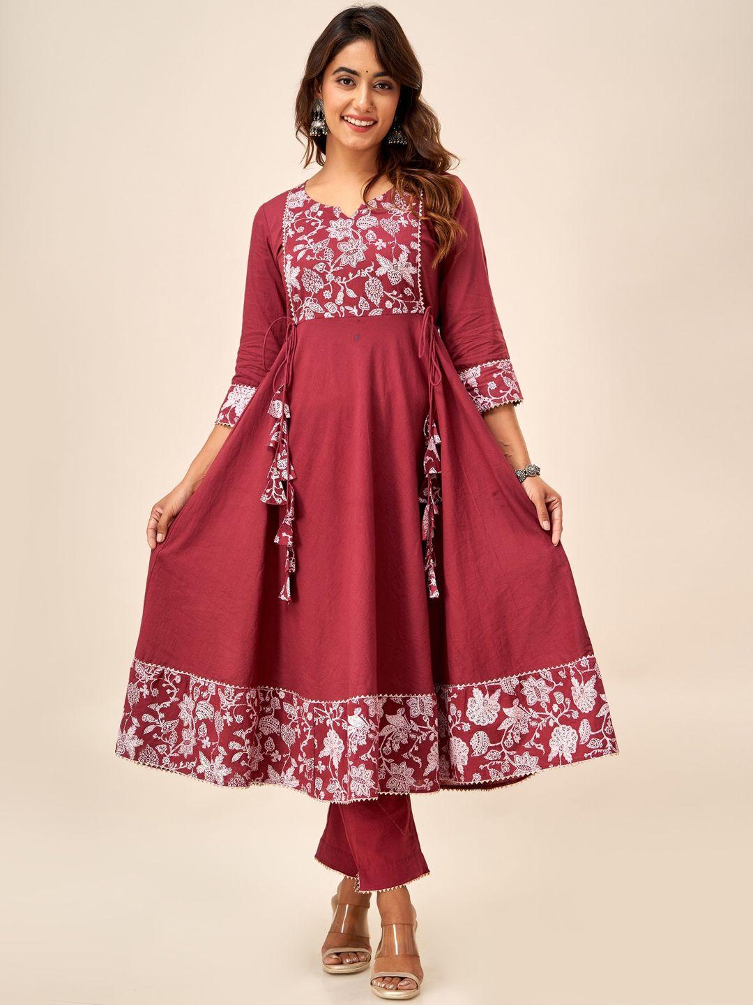 here&now floral yoke design anarkali pure cotton kurta with trousers