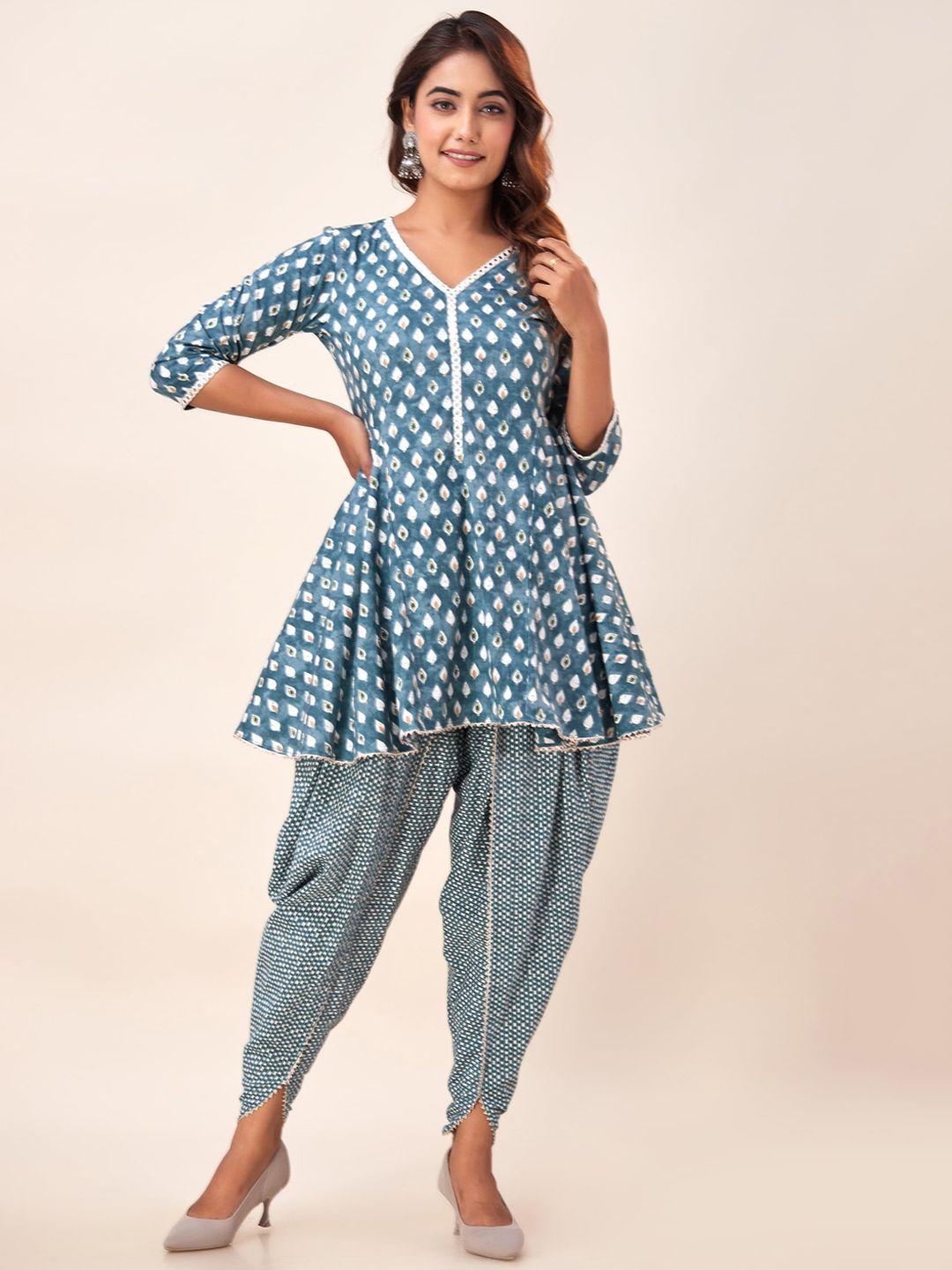 here&now geometric printed regular pure cotton kurti with palazzos