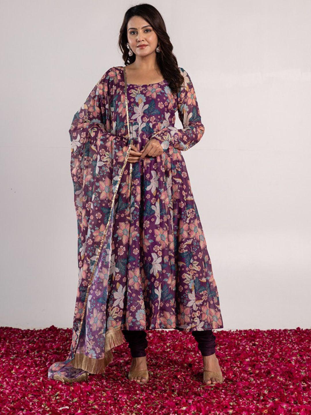 onewe floral printed regular chanderi silk kurta with churidar & dupatta