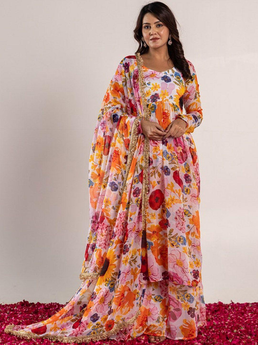 onewe floral printed empire silk chiffon kurta with sharara & with dupatta