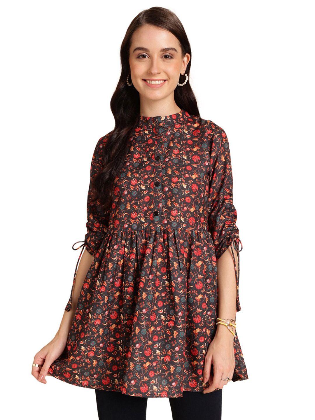 nimayaa floral printed mandarin collar ruched sleeves gathered detail top