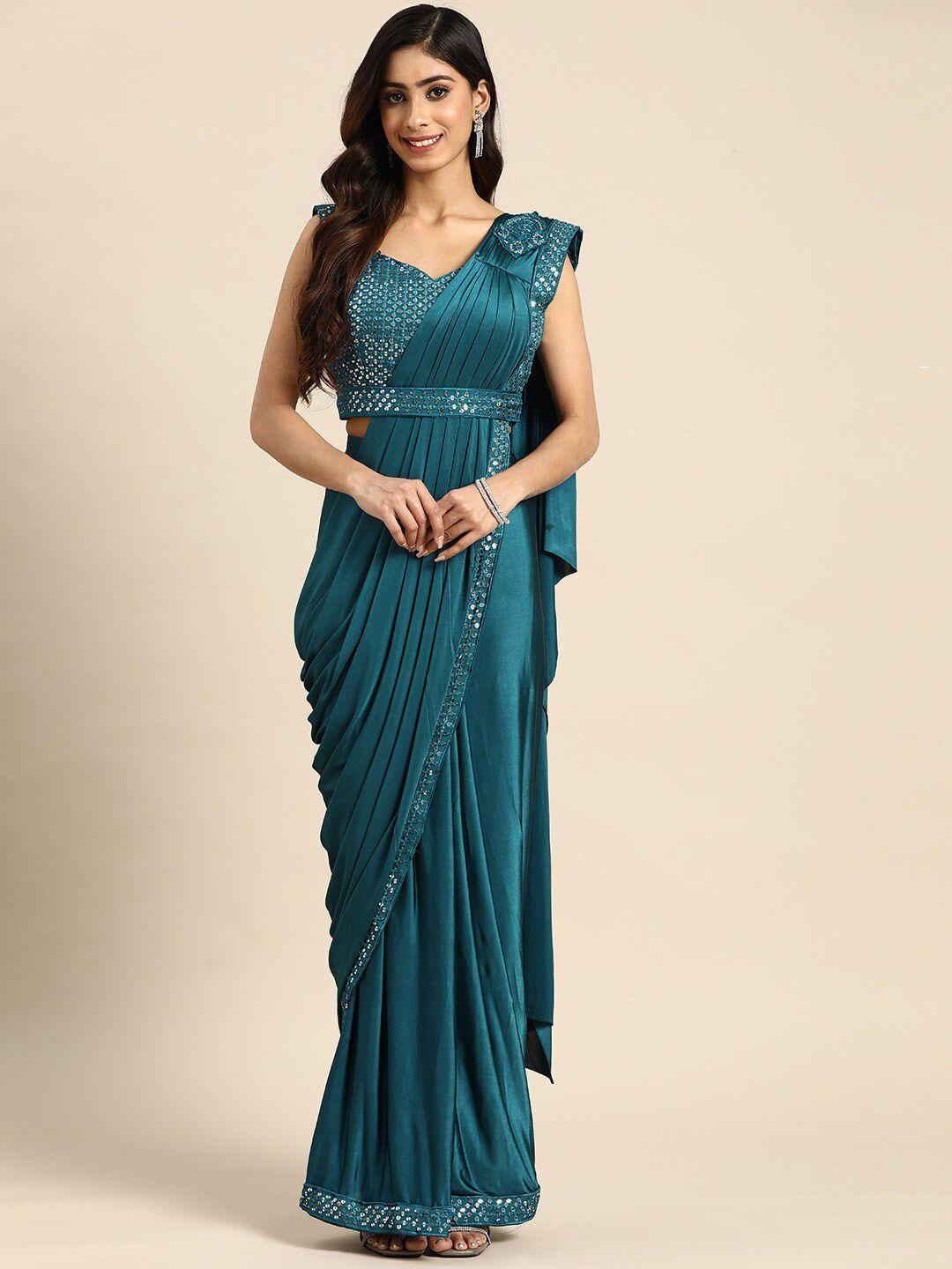 mitera blue embroidered ready to wear saree with stitched blouse