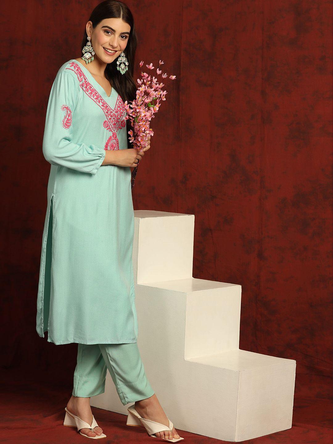 shades ethnic motifs yoke design chikankari v-neck pure cotton kurta with salwar