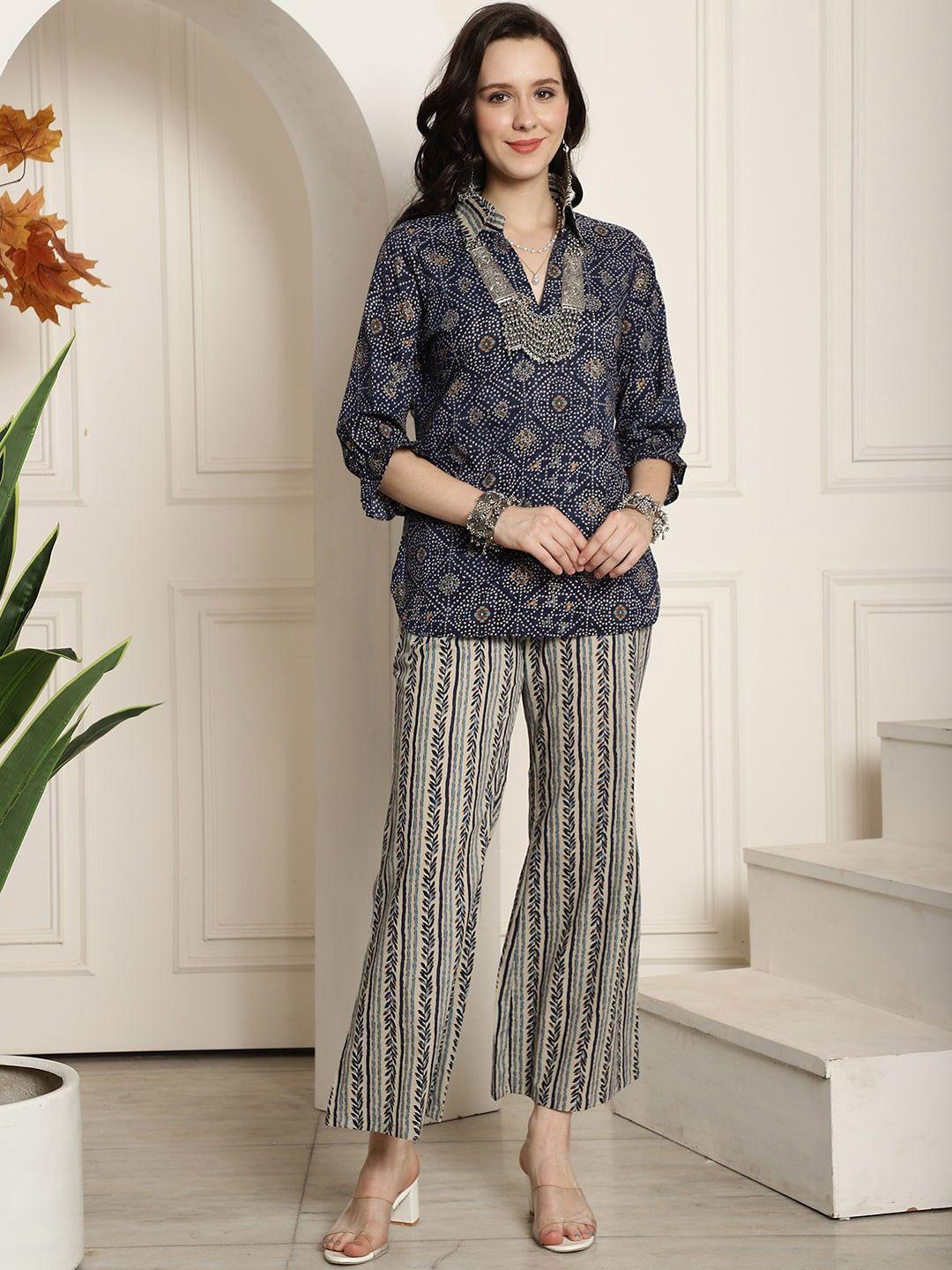 claura blue bandhani printed cotton top with palazzo