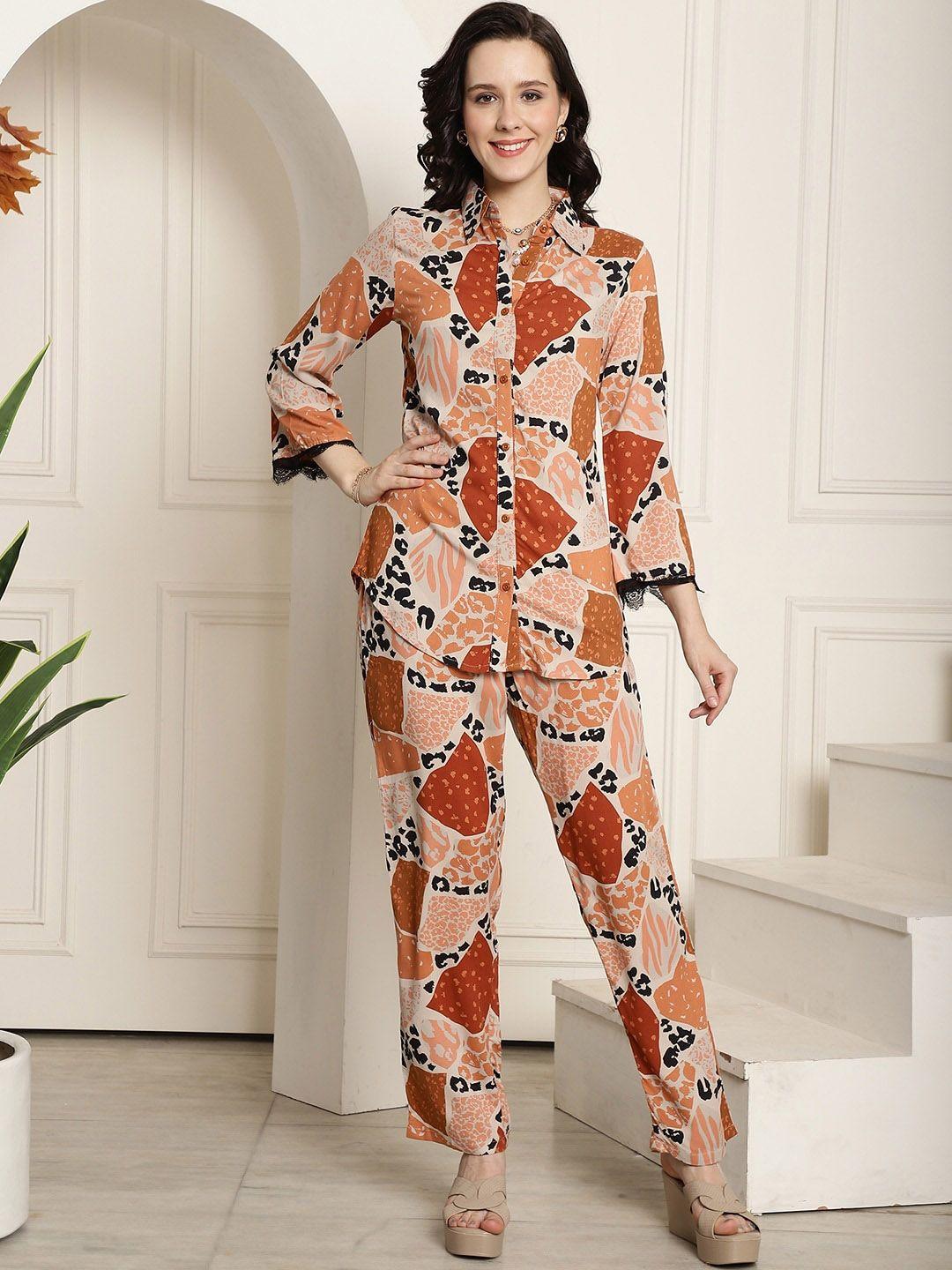 claura brown abstract printed shirt with trouser